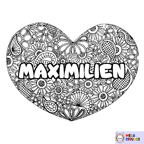 Coloración del nombre MAXIMILIEN - decorado mandala de coraz&oacute;n