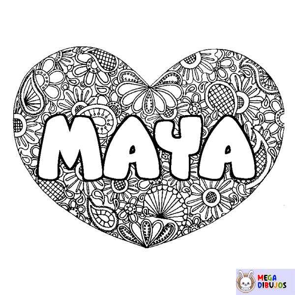 Coloración del nombre MAYA - decorado mandala de coraz&oacute;n