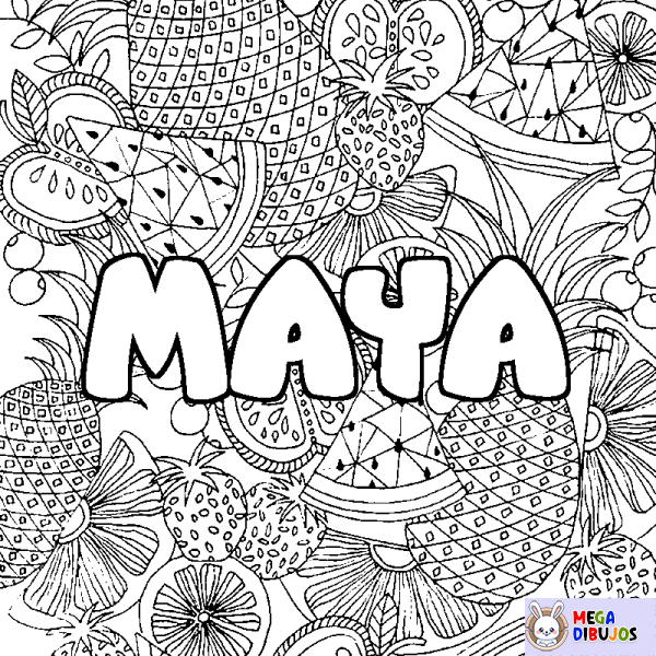 Coloración del nombre MAYA - decorado mandala de frutas