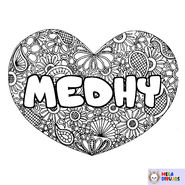 Coloración del nombre MEDHY - decorado mandala de coraz&oacute;n