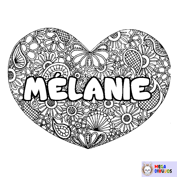 Coloración del nombre M&Eacute;LANIE - decorado mandala de coraz&oacute;n