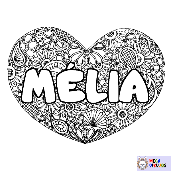 Coloración del nombre M&Eacute;LIA - decorado mandala de coraz&oacute;n