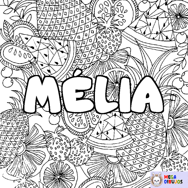 Coloración del nombre M&Eacute;LIA - decorado mandala de frutas