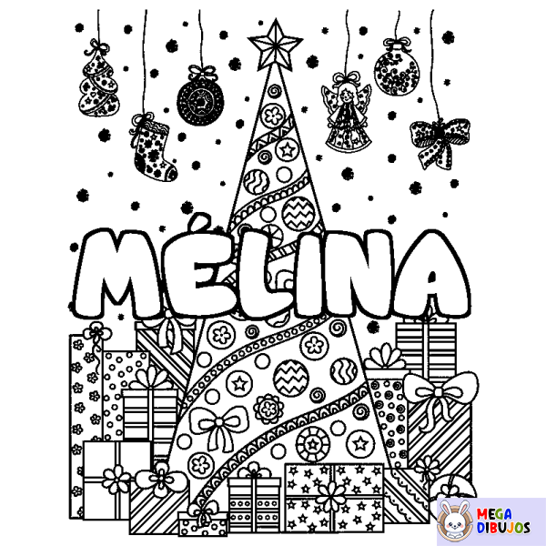 Coloración del nombre M&Eacute;LINA - decorado &aacute;rbol de Navidad y regalos