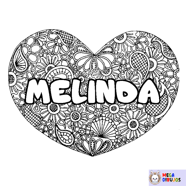 Coloración del nombre MELINDA - decorado mandala de coraz&oacute;n