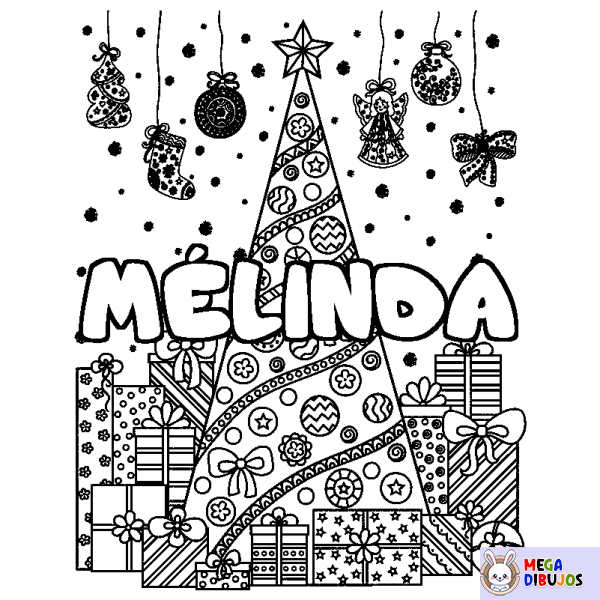 Coloración del nombre M&Eacute;LINDA - decorado &aacute;rbol de Navidad y regalos