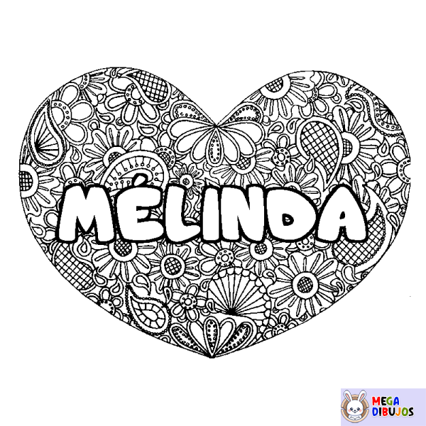 Coloración del nombre M&Eacute;LINDA - decorado mandala de coraz&oacute;n