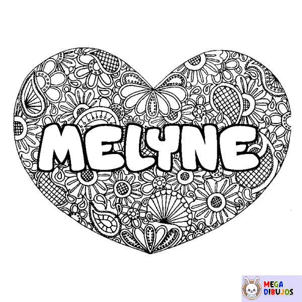 Coloración del nombre MELYNE - decorado mandala de coraz&oacute;n