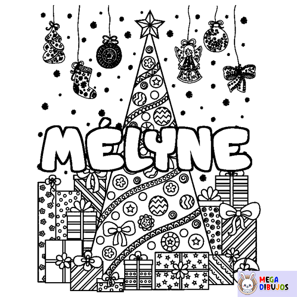 Coloración del nombre M&Eacute;LYNE - decorado &aacute;rbol de Navidad y regalos