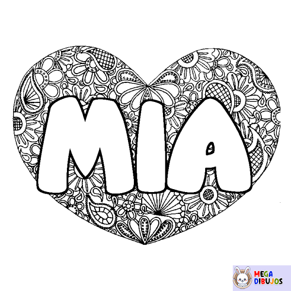 Coloración del nombre MIA - decorado mandala de coraz&oacute;n