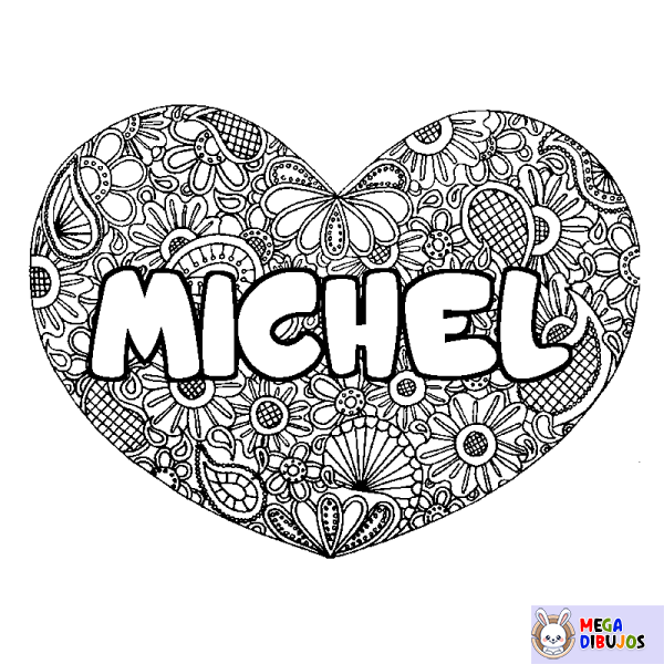 Coloración del nombre MICHEL - decorado mandala de coraz&oacute;n