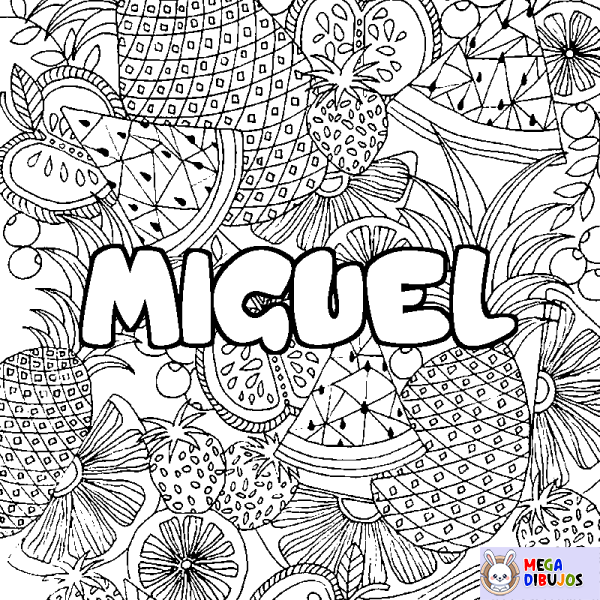 Coloración del nombre MIGUEL - decorado mandala de frutas