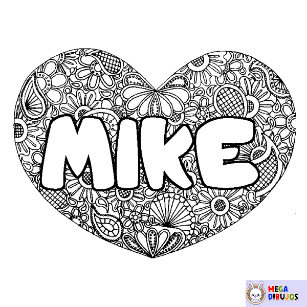 Coloración del nombre MIKE - decorado mandala de coraz&oacute;n