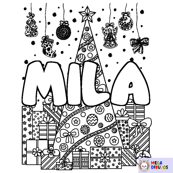 Coloración del nombre MILA - decorado &aacute;rbol de Navidad y regalos