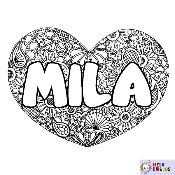 Coloración del nombre MILA - decorado mandala de coraz&oacute;n