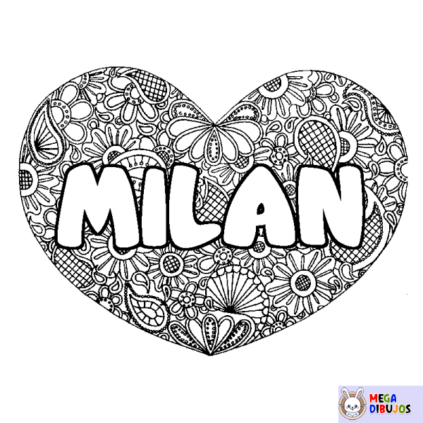 Coloración del nombre MILAN - decorado mandala de coraz&oacute;n