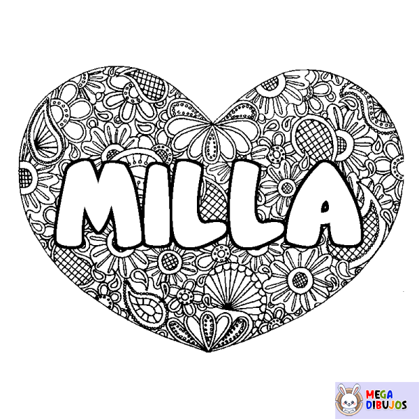 Coloración del nombre MILLA - decorado mandala de coraz&oacute;n