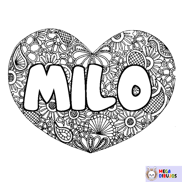 Coloración del nombre MILO - decorado mandala de coraz&oacute;n