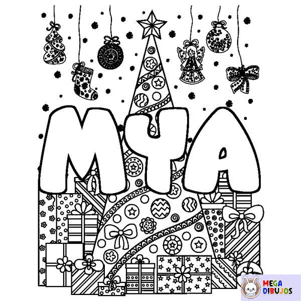 Coloración del nombre MYA - decorado &aacute;rbol de Navidad y regalos