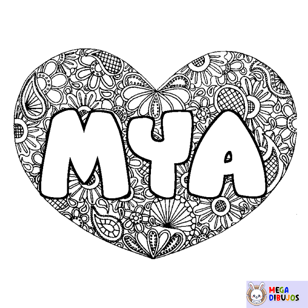 Coloración del nombre MYA - decorado mandala de coraz&oacute;n