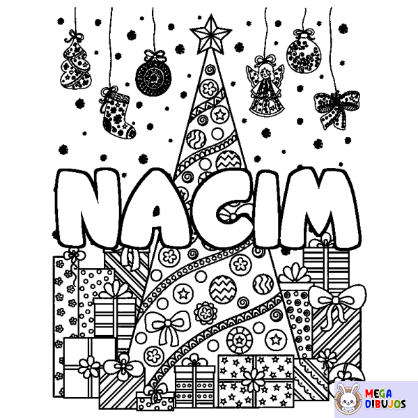 Coloración del nombre NACIM - decorado &aacute;rbol de Navidad y regalos