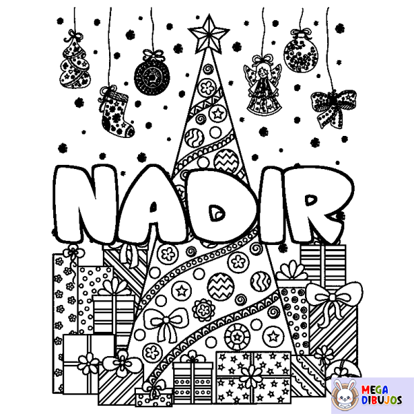 Coloración del nombre NADIR - decorado &aacute;rbol de Navidad y regalos