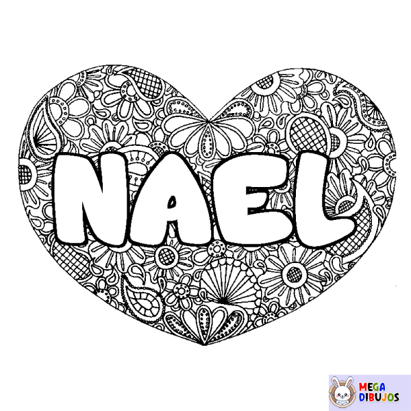 Coloración del nombre NAEL - decorado mandala de coraz&oacute;n