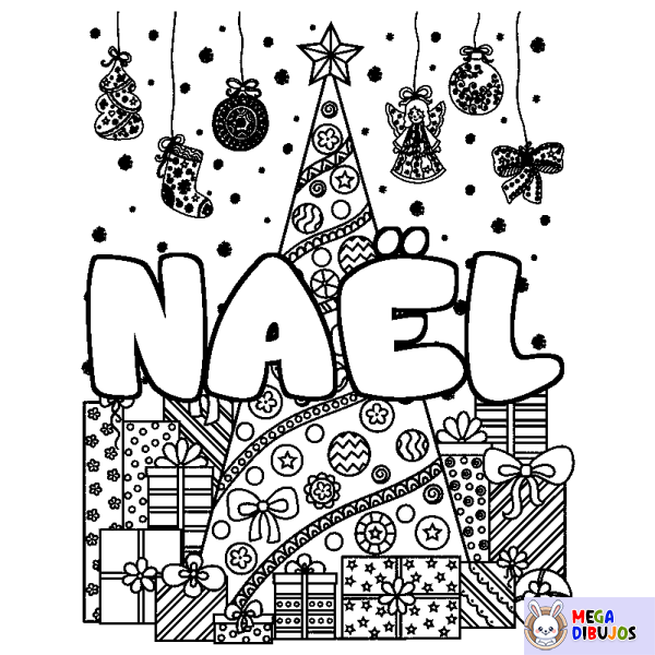 Coloración del nombre NA&Euml;L - decorado &aacute;rbol de Navidad y regalos