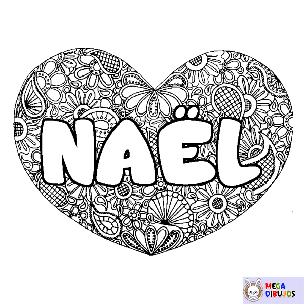 Coloración del nombre NA&Euml;L - decorado mandala de coraz&oacute;n