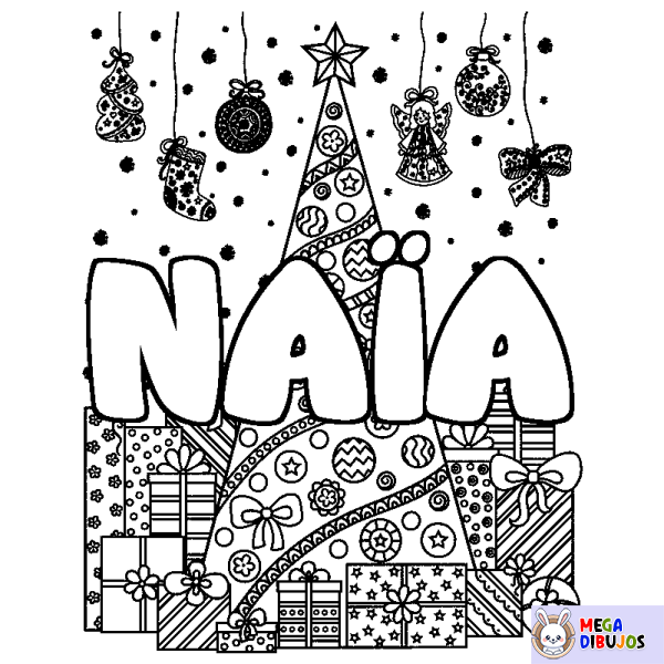 Coloración del nombre NA&Iuml;A - decorado &aacute;rbol de Navidad y regalos