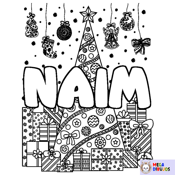 Coloración del nombre NAIM - decorado &aacute;rbol de Navidad y regalos