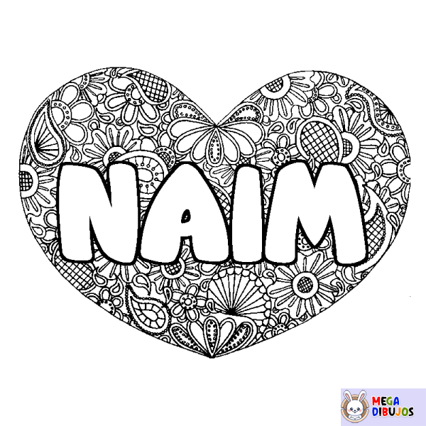 Coloración del nombre NAIM - decorado mandala de coraz&oacute;n