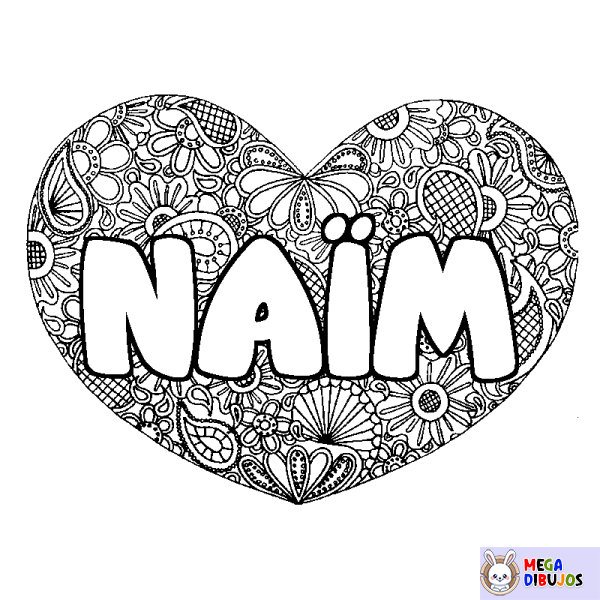 Coloración del nombre NA&Iuml;M - decorado mandala de coraz&oacute;n