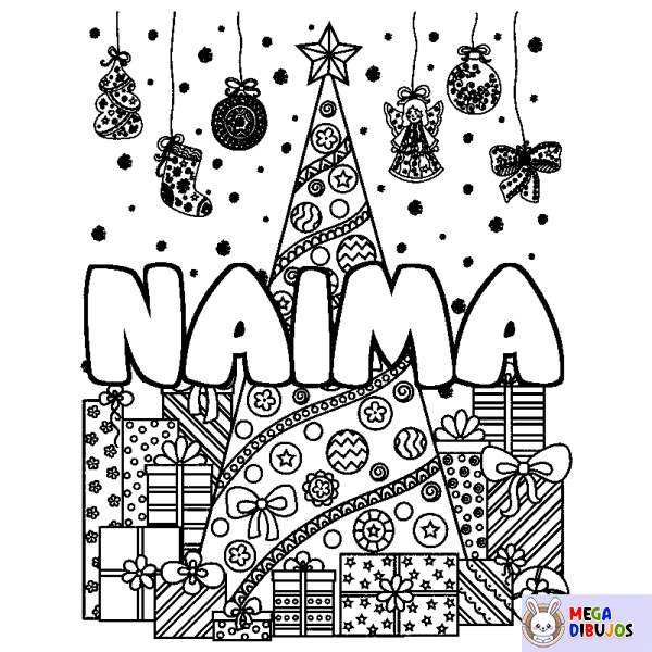 Coloración del nombre NAIMA - decorado &aacute;rbol de Navidad y regalos