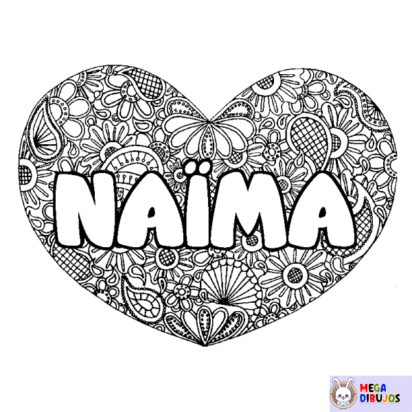 Coloración del nombre NA&Iuml;MA - decorado mandala de coraz&oacute;n