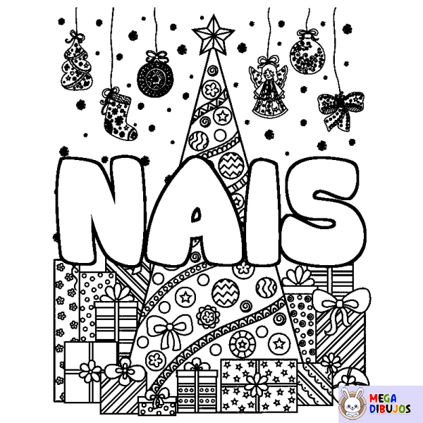 Coloración del nombre NAIS - decorado &aacute;rbol de Navidad y regalos