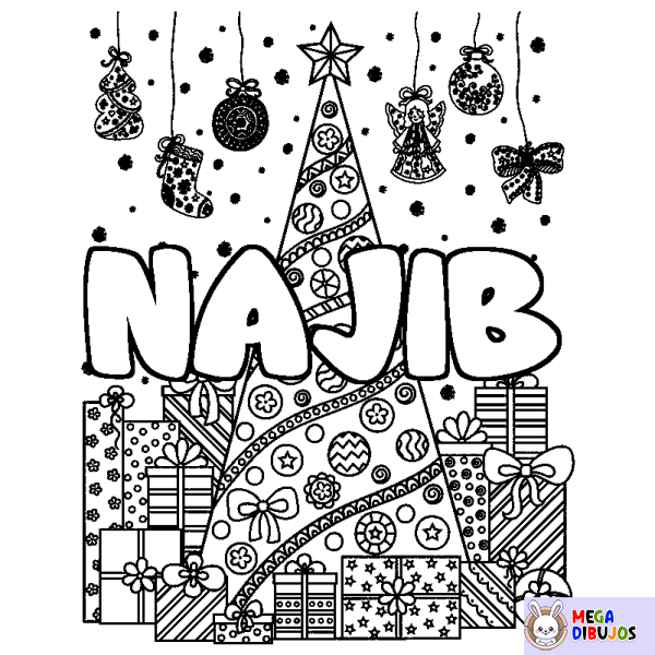 Coloración del nombre NAJIB - decorado &aacute;rbol de Navidad y regalos