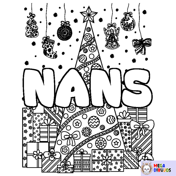 Coloración del nombre NANS - decorado &aacute;rbol de Navidad y regalos