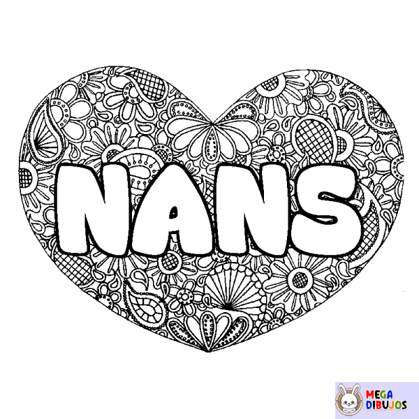 Coloración del nombre NANS - decorado mandala de coraz&oacute;n