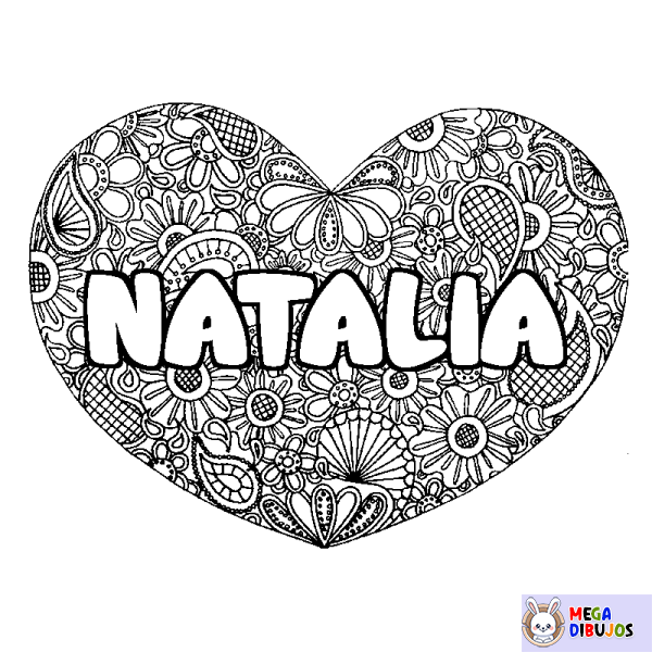 Coloración del nombre NATALIA - decorado mandala de coraz&oacute;n