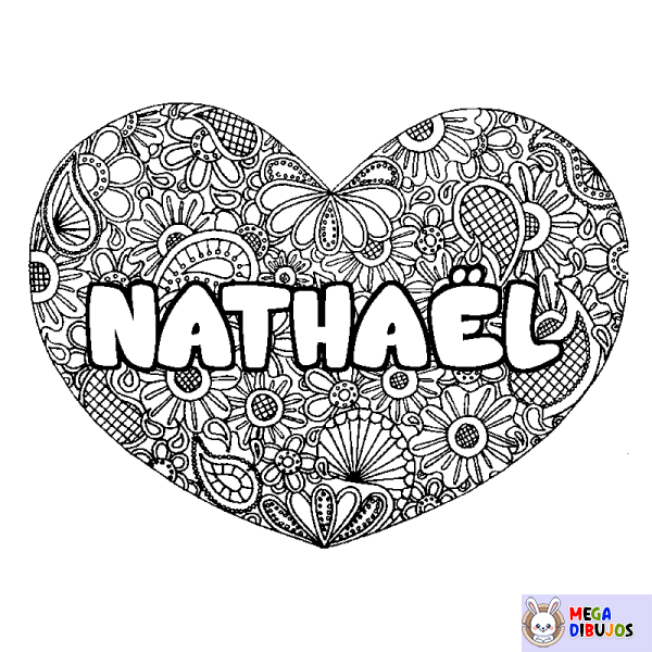 Coloración del nombre NATHA&Euml;L - decorado mandala de coraz&oacute;n