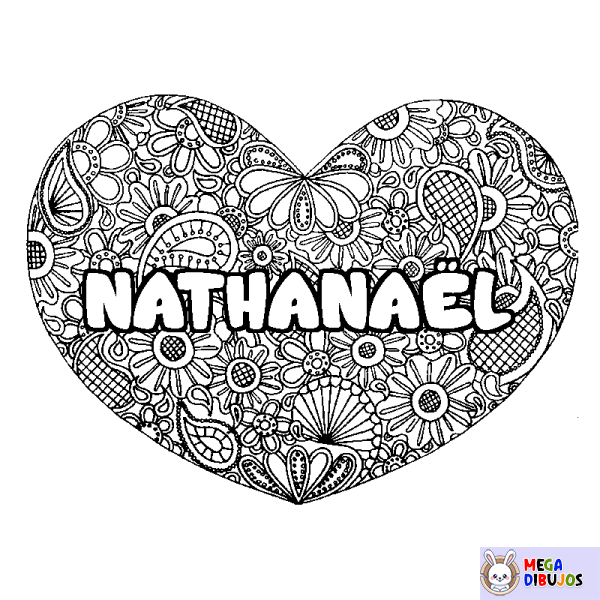 Coloración del nombre NATHANA&Euml;L - decorado mandala de coraz&oacute;n