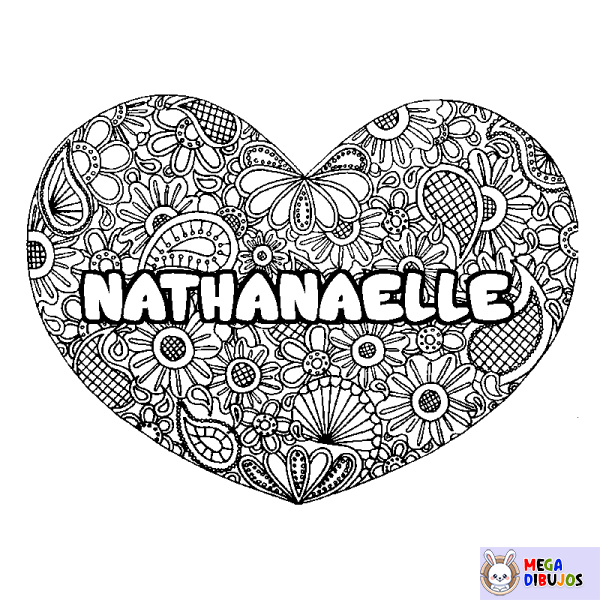 Coloración del nombre NATHANAELLE - decorado mandala de coraz&oacute;n