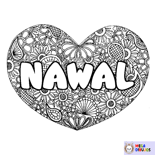 Coloración del nombre NAWAL - decorado mandala de coraz&oacute;n