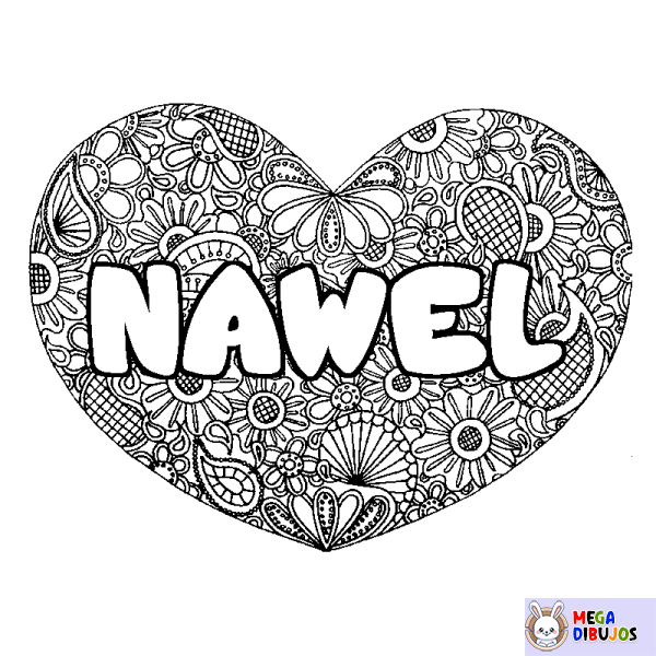 Coloración del nombre NAWEL - decorado mandala de coraz&oacute;n