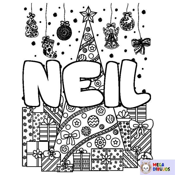 Coloración del nombre NEIL - decorado &aacute;rbol de Navidad y regalos