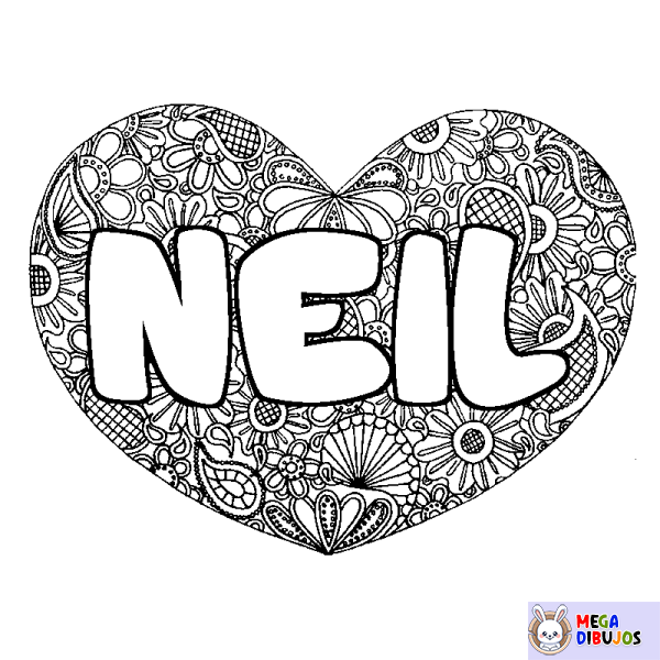 Coloración del nombre NEIL - decorado mandala de coraz&oacute;n