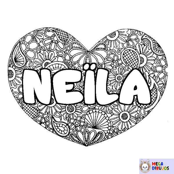 Coloración del nombre NE&Iuml;LA - decorado mandala de coraz&oacute;n