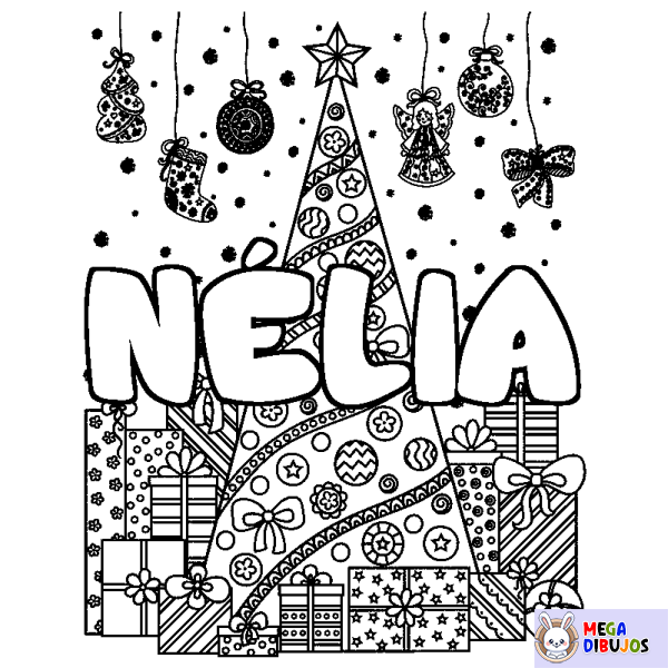 Coloración del nombre N&Eacute;LIA - decorado &aacute;rbol de Navidad y regalos