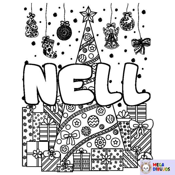 Coloración del nombre NELL - decorado &aacute;rbol de Navidad y regalos